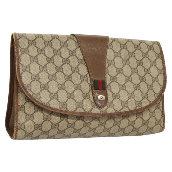 GUCCI GG Supreme Web Sherry Line Clutch Bag PVC Beige - Picture 1 of 15